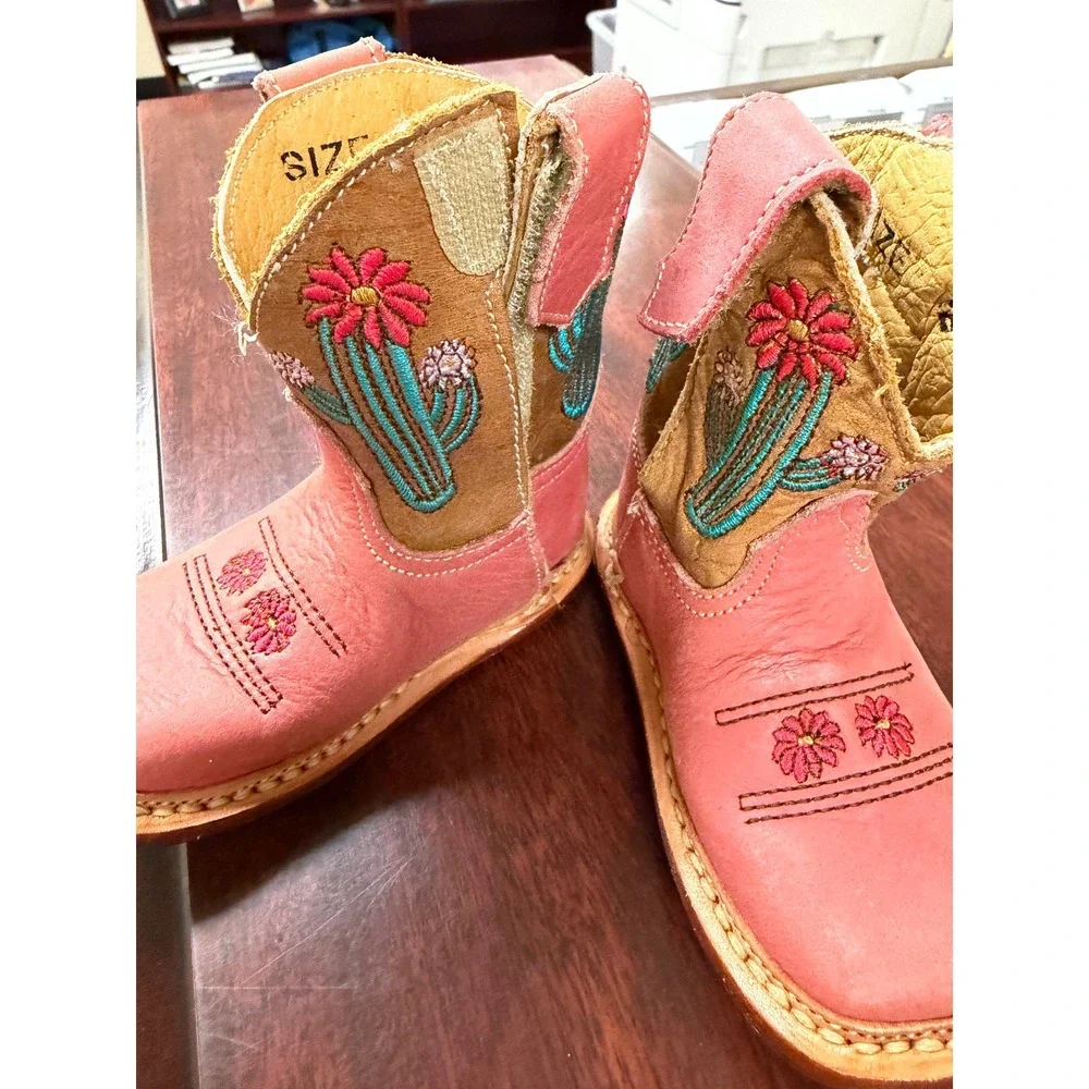 Roper Cowbabies Pink Leather Cactus Floral Embroidered Western Boots Size 2